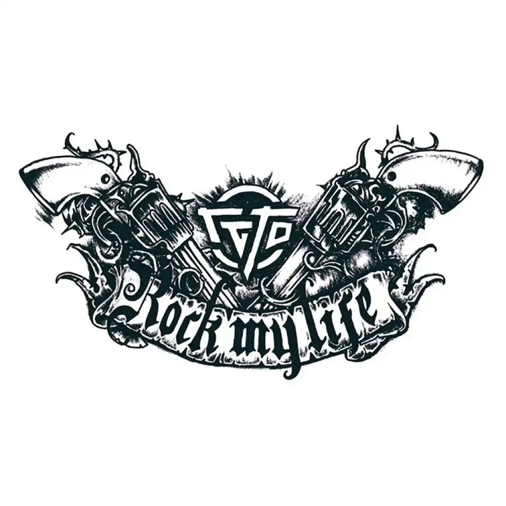 Rock My Life decorative emblem with crossed revolvers and banner, small tattoo design sticker