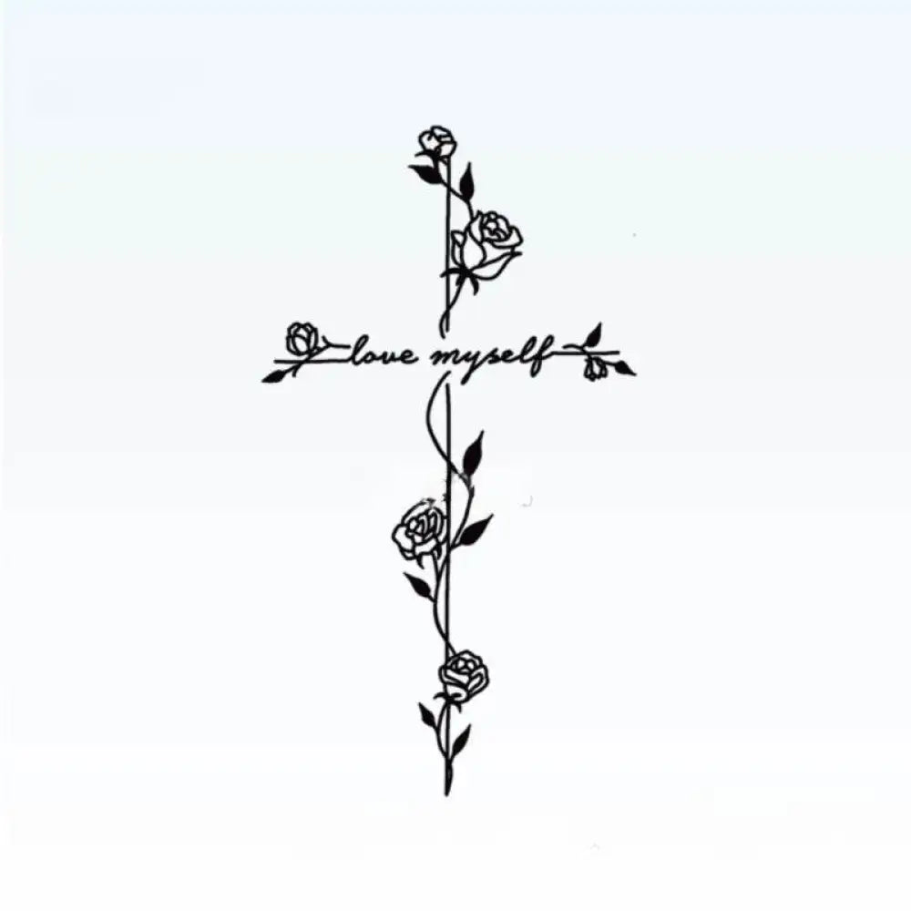 Black line art rose cross with vines, 10x6cm temporary tattoo sticker