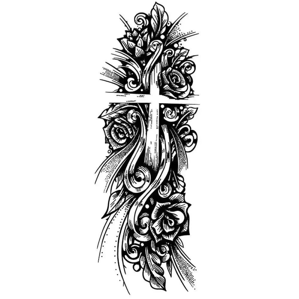 Ornate black and white rose cross illustration for small tattoo sticker