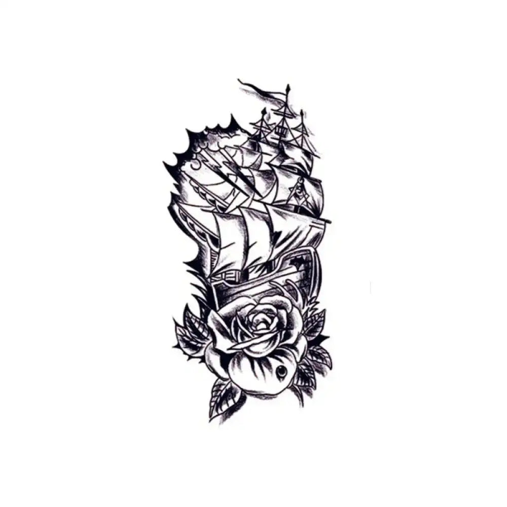 Black and white Rose Galleon tattoo sticker of sailing ship with rose