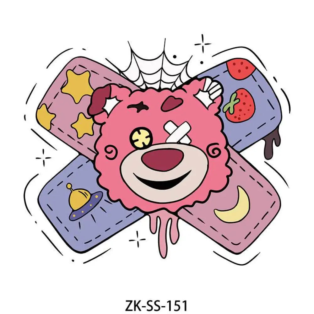 Salmon Floral tattoo sticker featuring a quirky pink cartoon bear with patches and pastel patches