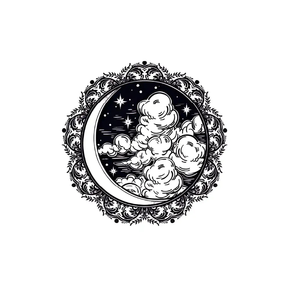 Intricate Silent Night small tattoo sticker of crescent moon, clouds, stars
