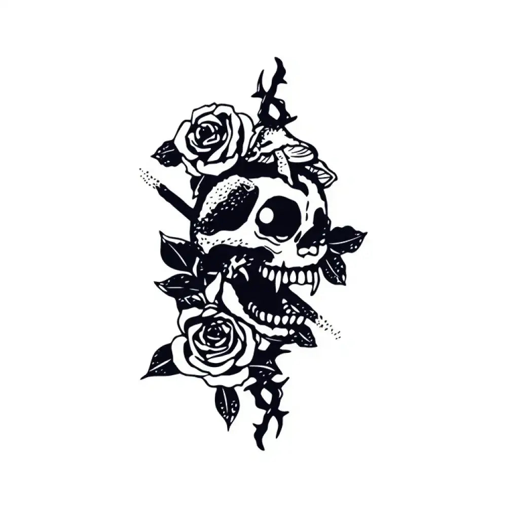 Black and white skull with roses and thorns tattoo sticker design