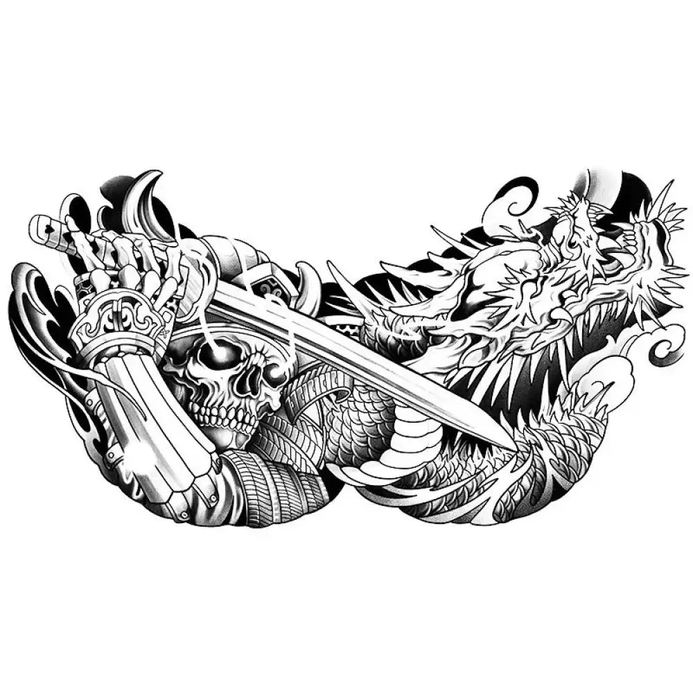 Monochrome skull samurai tattoo sticker of skeletal arm with dragon sword