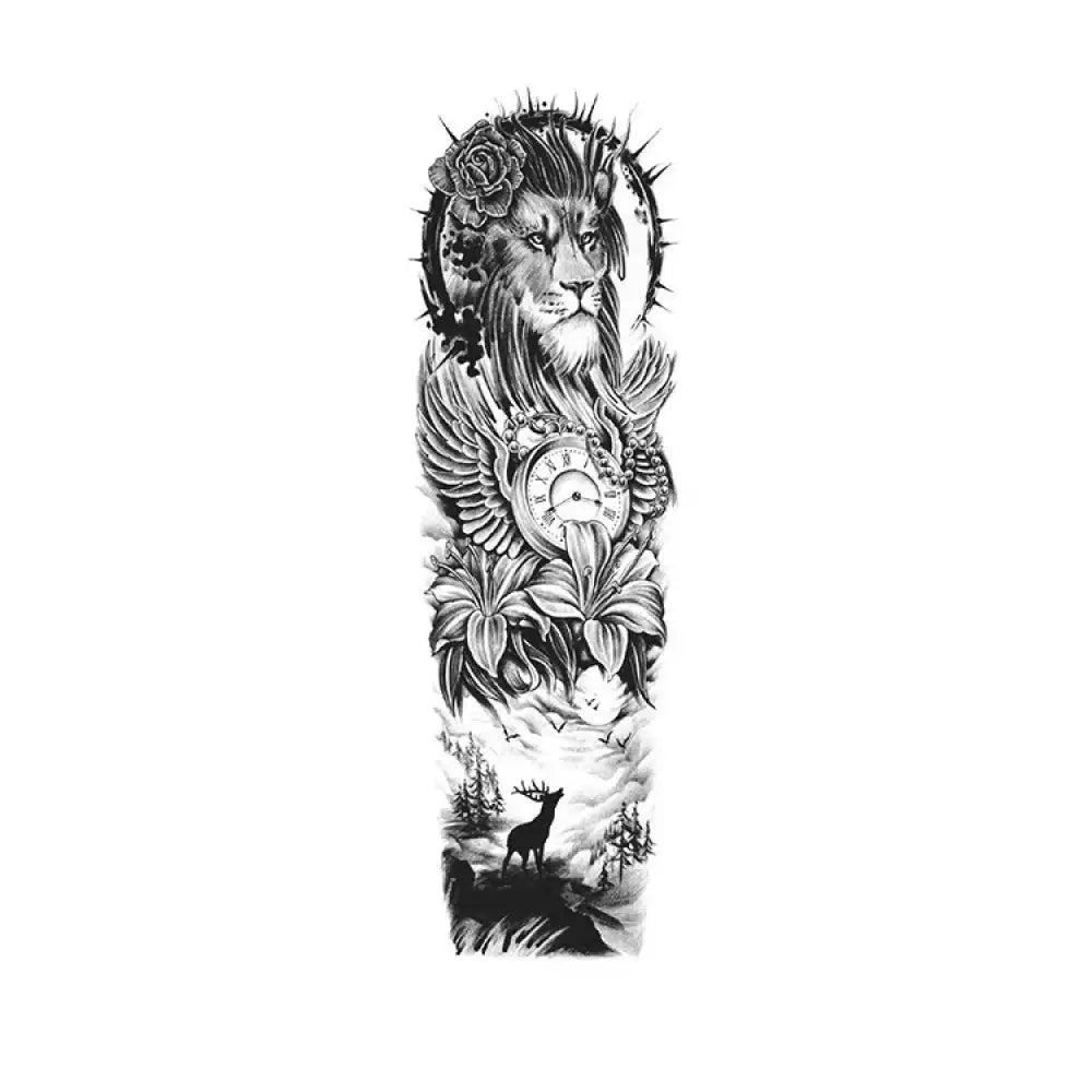 Lion & Flower black and white tattoo sleeve design with lion, deer, flowers