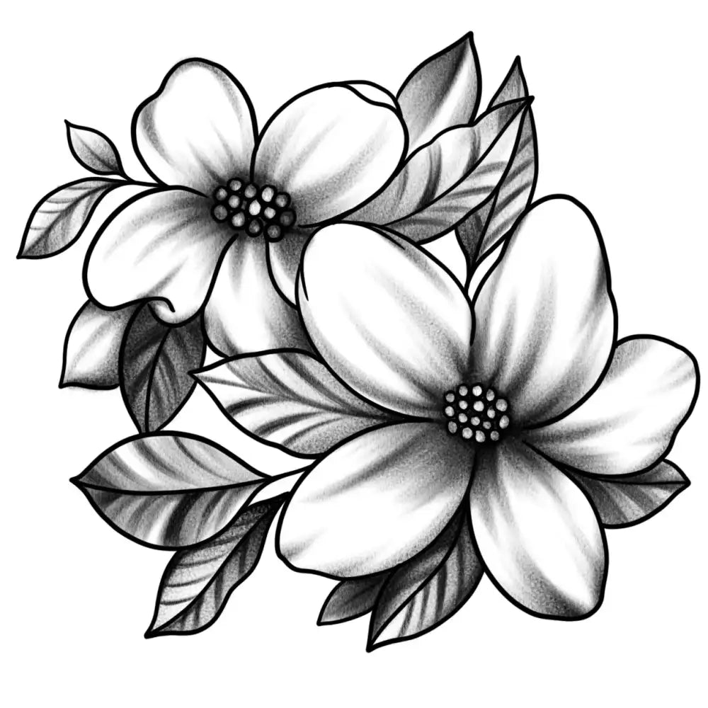 Grayscale dogwood floral tattoo sticker design with black outline