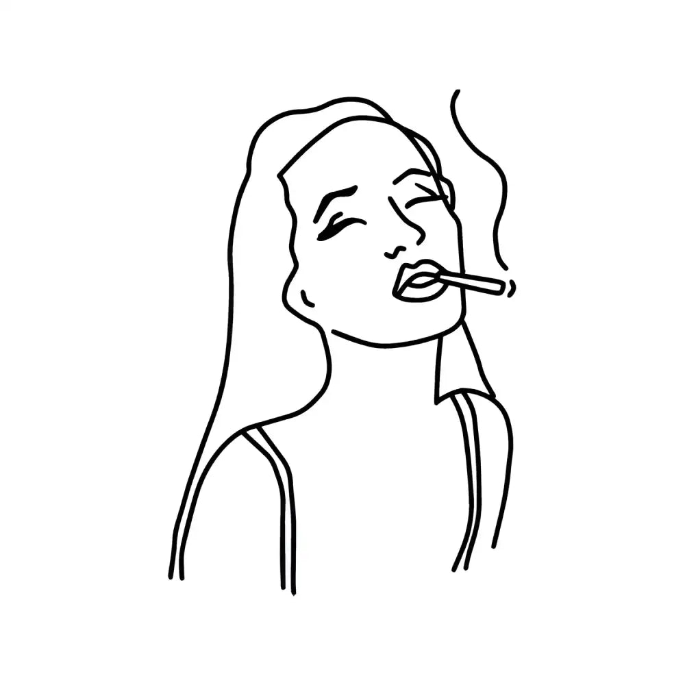 Line art of smoking girl with long hair, small tattoo sticker design