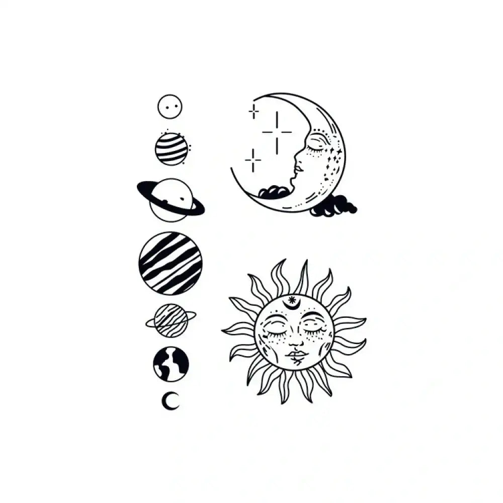 Celestial temporary tattoos: sun, moon, planets sticker collection