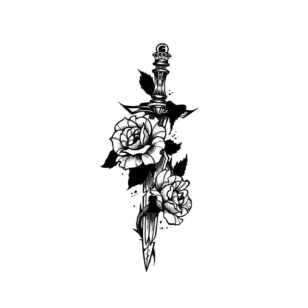 Black and white Sword Flower temporary tattoo sticker with broken sword and blooming roses