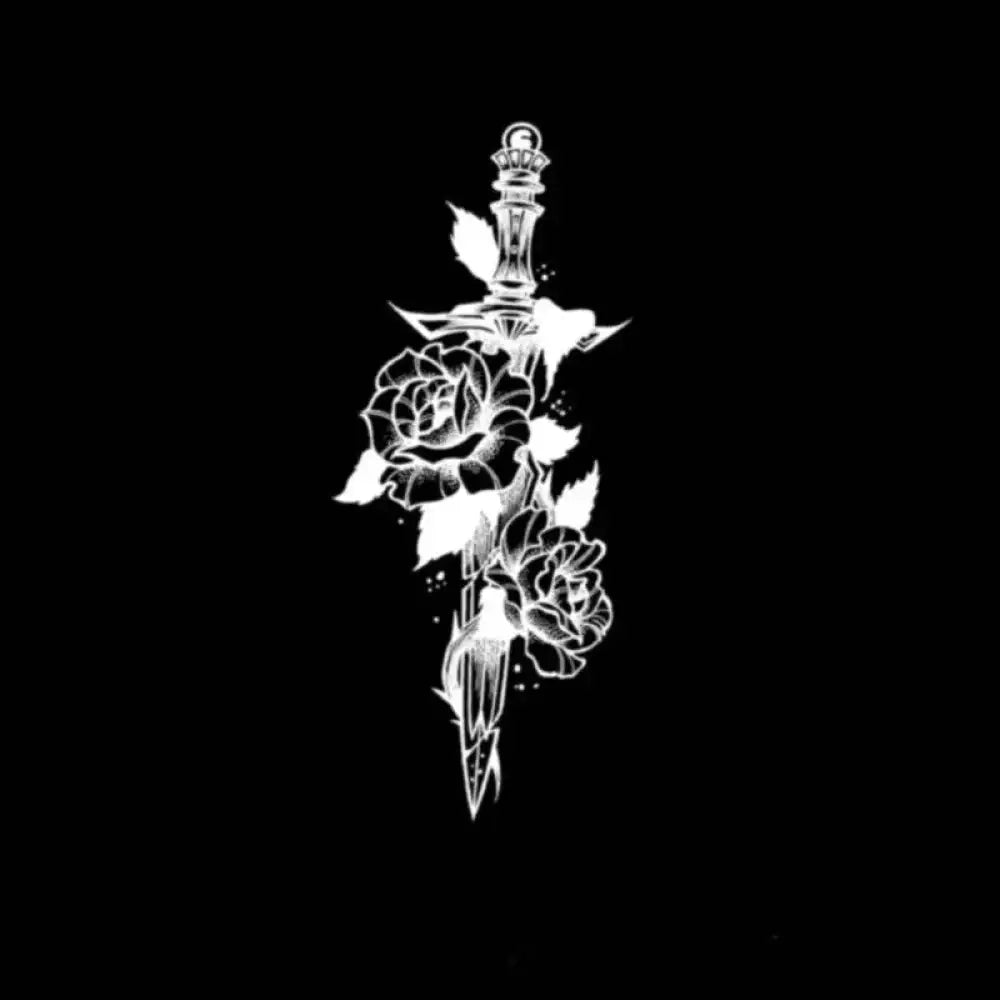 Sword Flower temporary tattoo sticker with white outline drawing of a sword and roses