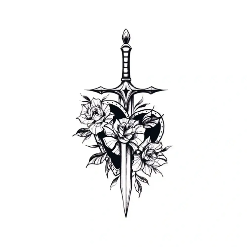 Sword heart tattoo sticker: black and white design with sword piercing rose shield