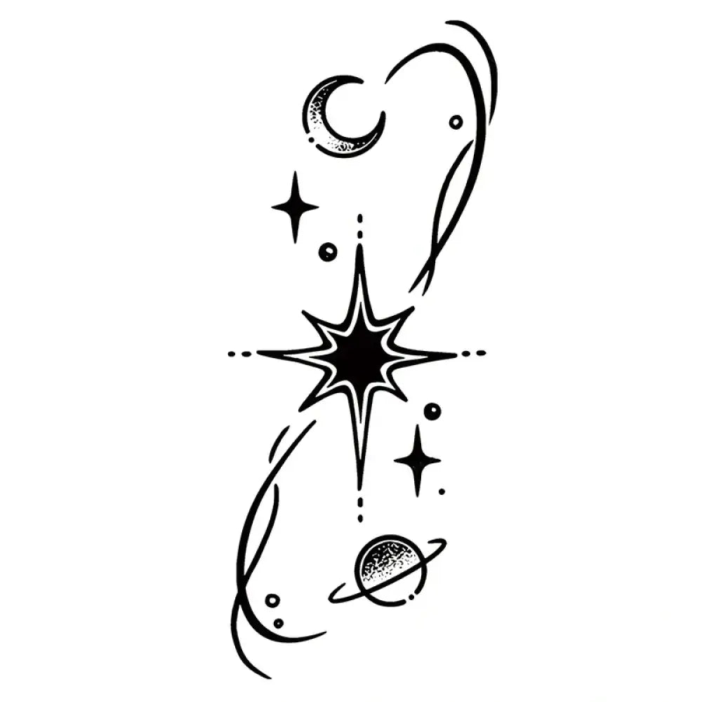 Black and white cosmic starburst line tattoo sticker design