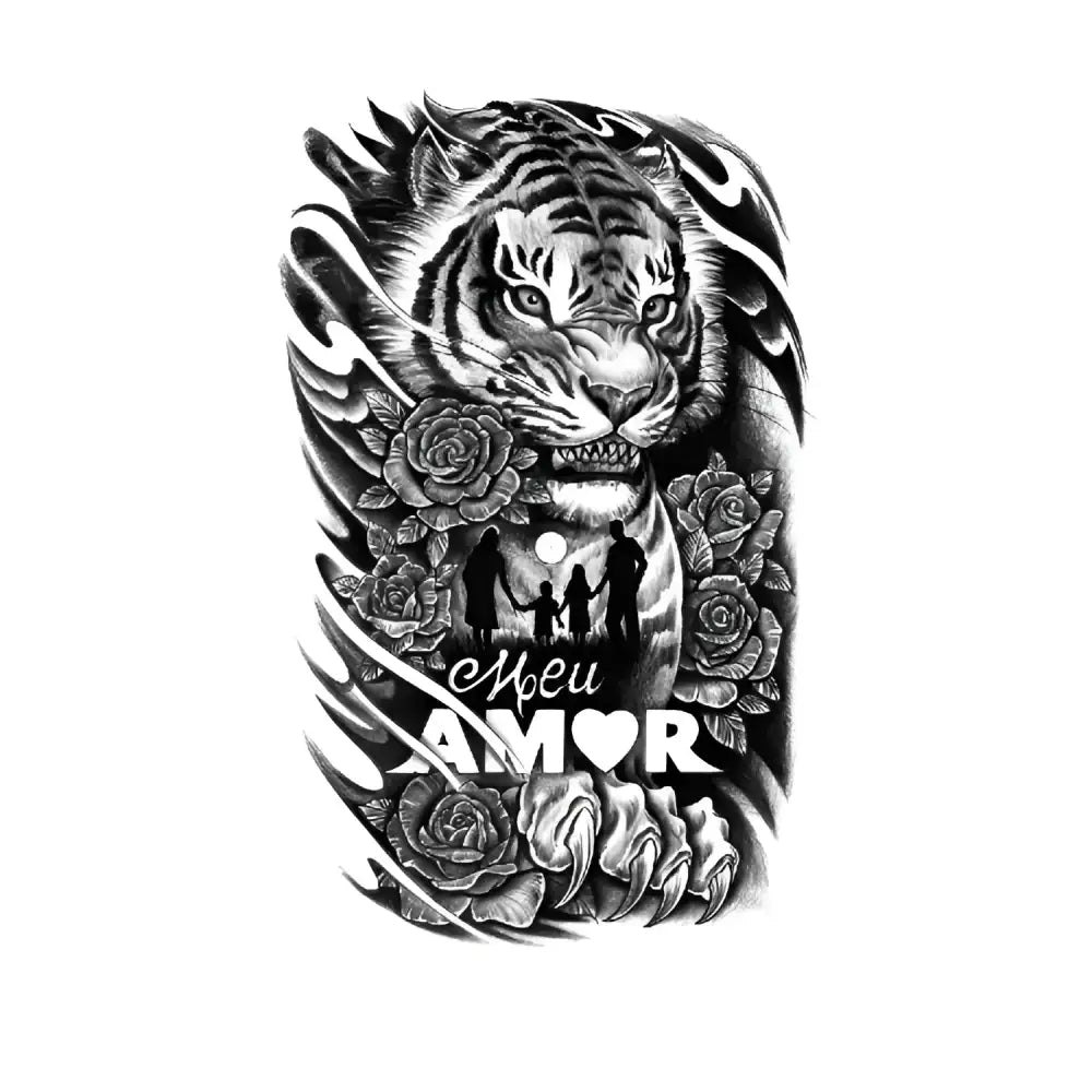Amor Tiger black and white tiger tattoo sticker with roses and family silhouette