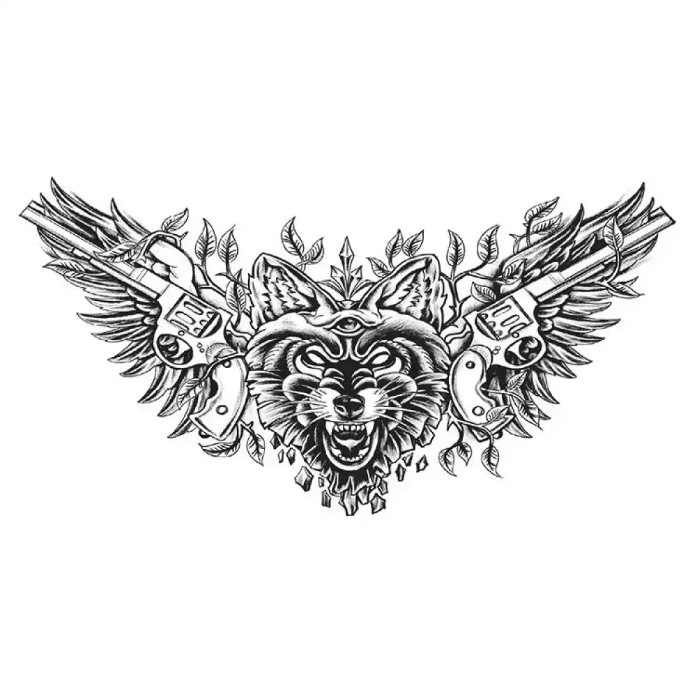 An angry wolf head with three eyes, flanked by two winged revolvers and various leaves.