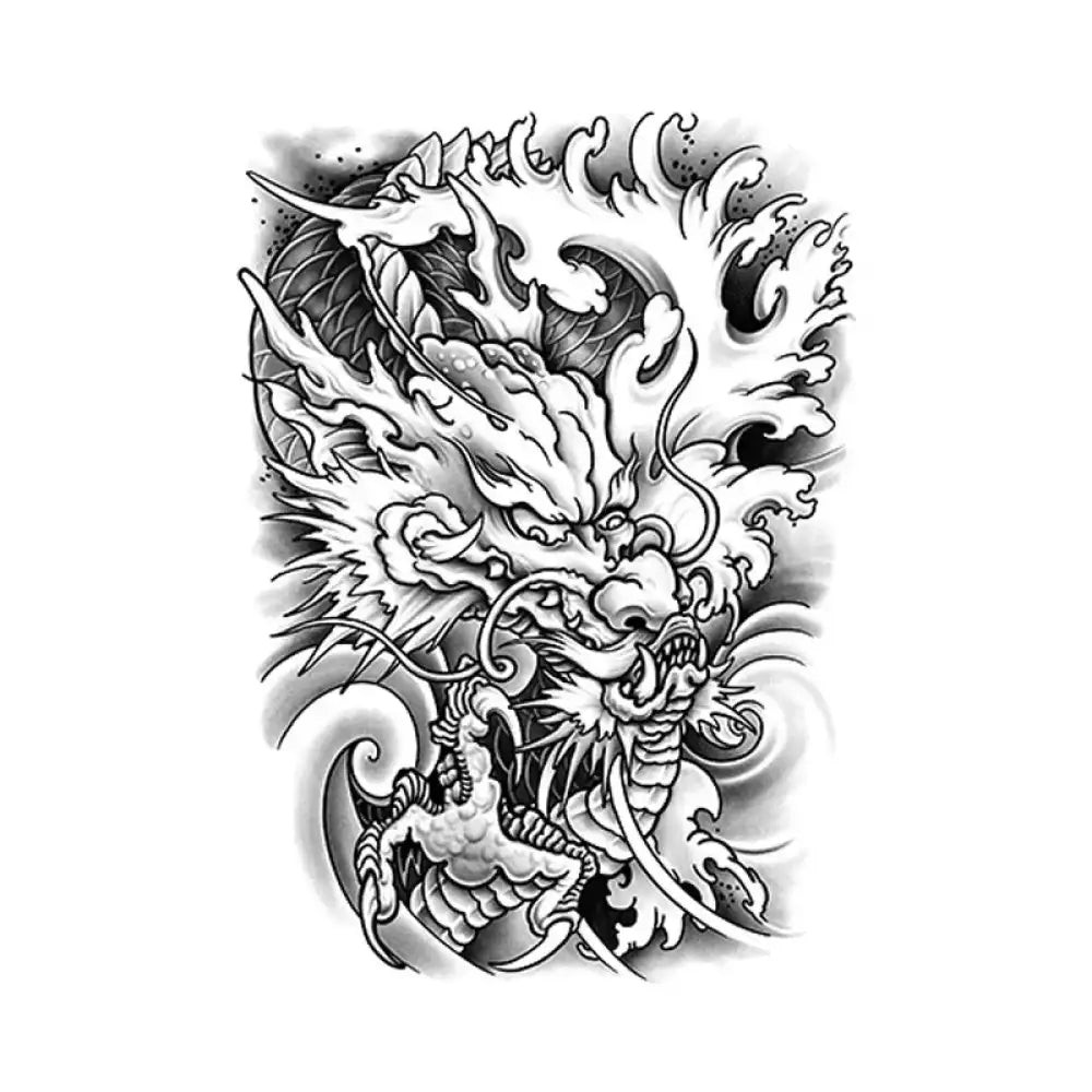 Angry Dragon King black and white tattoo design with fierce head and claw in waves