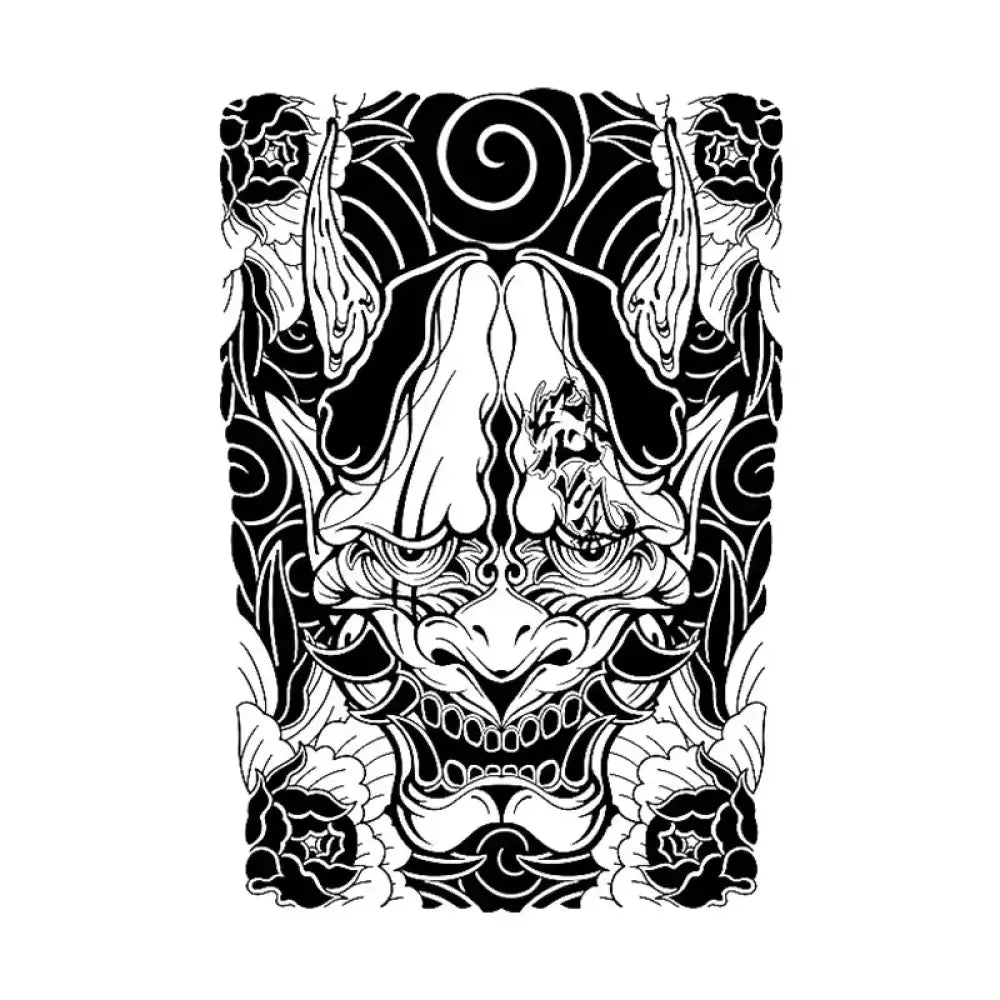 Angry Hannya Oni mask tattoo sticker with floral swirls