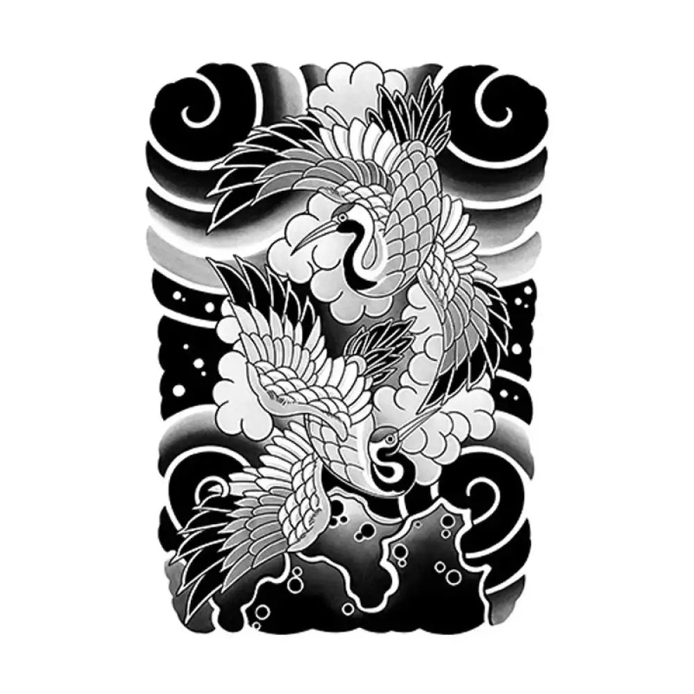 Japanese art tattoo sticker of flying cranes and auspicious clouds