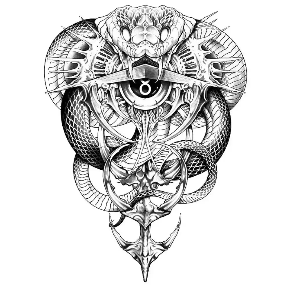 Detailed Cobra Bone full back tattoo sticker design with cobra head and snakes