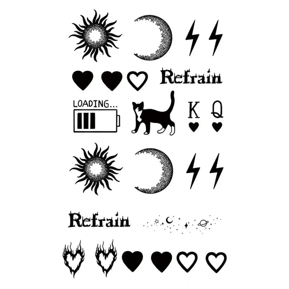 Sheet of black temporary tattoo designs from Small & Cool Bundle 1 tattoo sticker collection