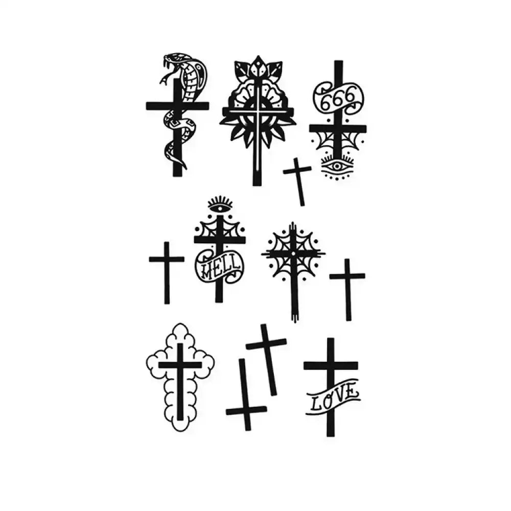 Black-and-white cross bundle with snakes, roses, eyes for small tattoo stickers