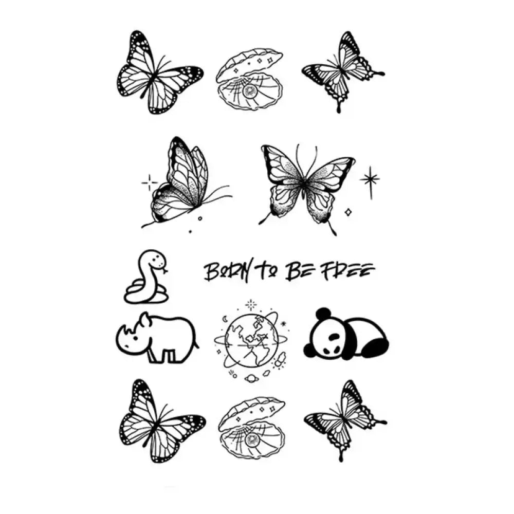 Black and white tattoo sticker designs from Small & Cute Bundle 1 featuring animals and symbols