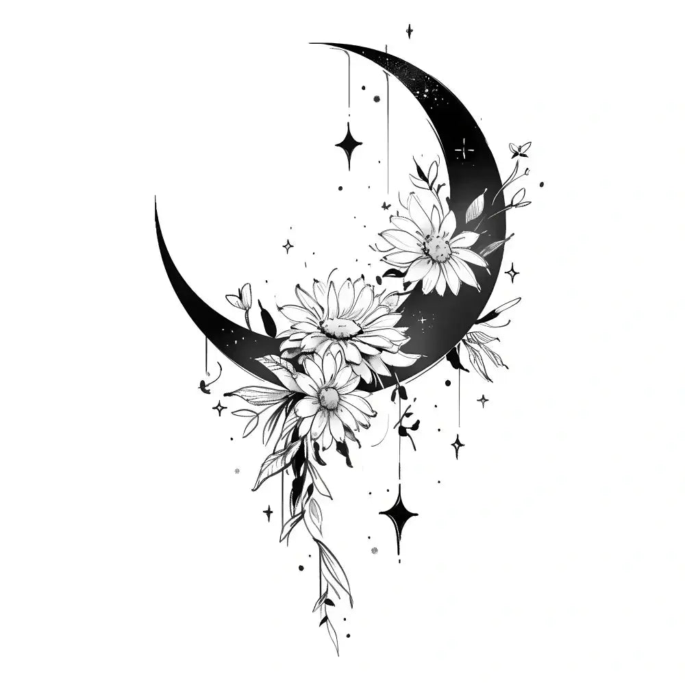 Bold crescent moon with white daisy flowers and hanging stars tattoo sticker