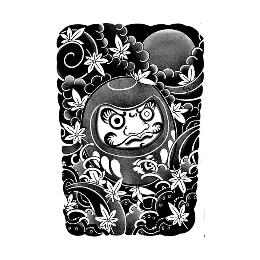 Daruma Ukiyo-e tattoo sticker: black and white doll with maple leaves, clouds