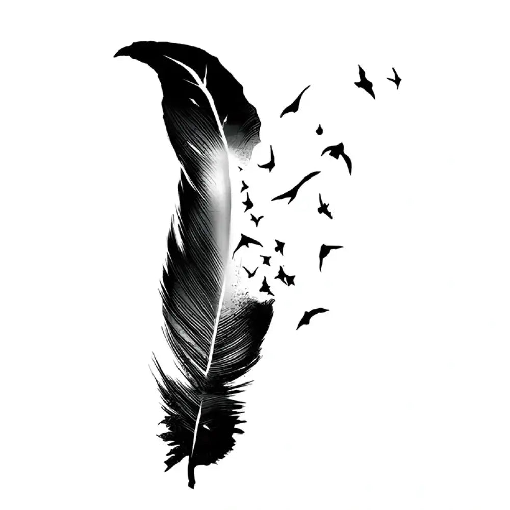 Black feather transforming into flying birds tattoo sticker design