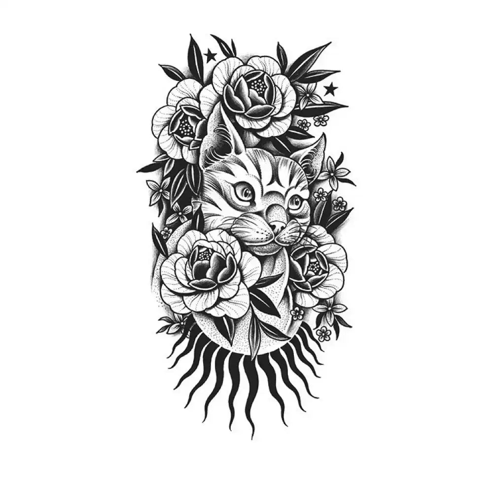Black and white cat head tattoo design with flowers and sunburst