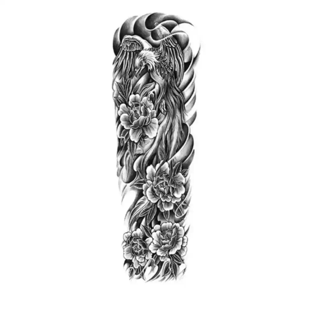 Black and white phoenix peony tattoo sticker design for full sleeve
