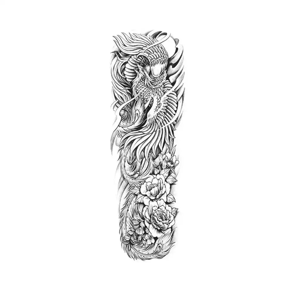 Black and white phoenix floral full sleeve tattoo sticker design