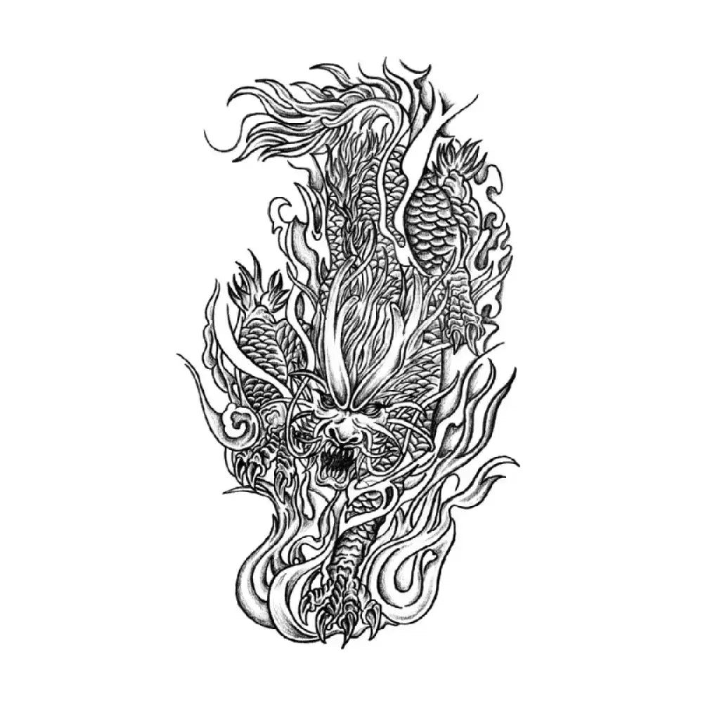 Fierce Fire Kylin dragon sketch tattoo sticker design in flames