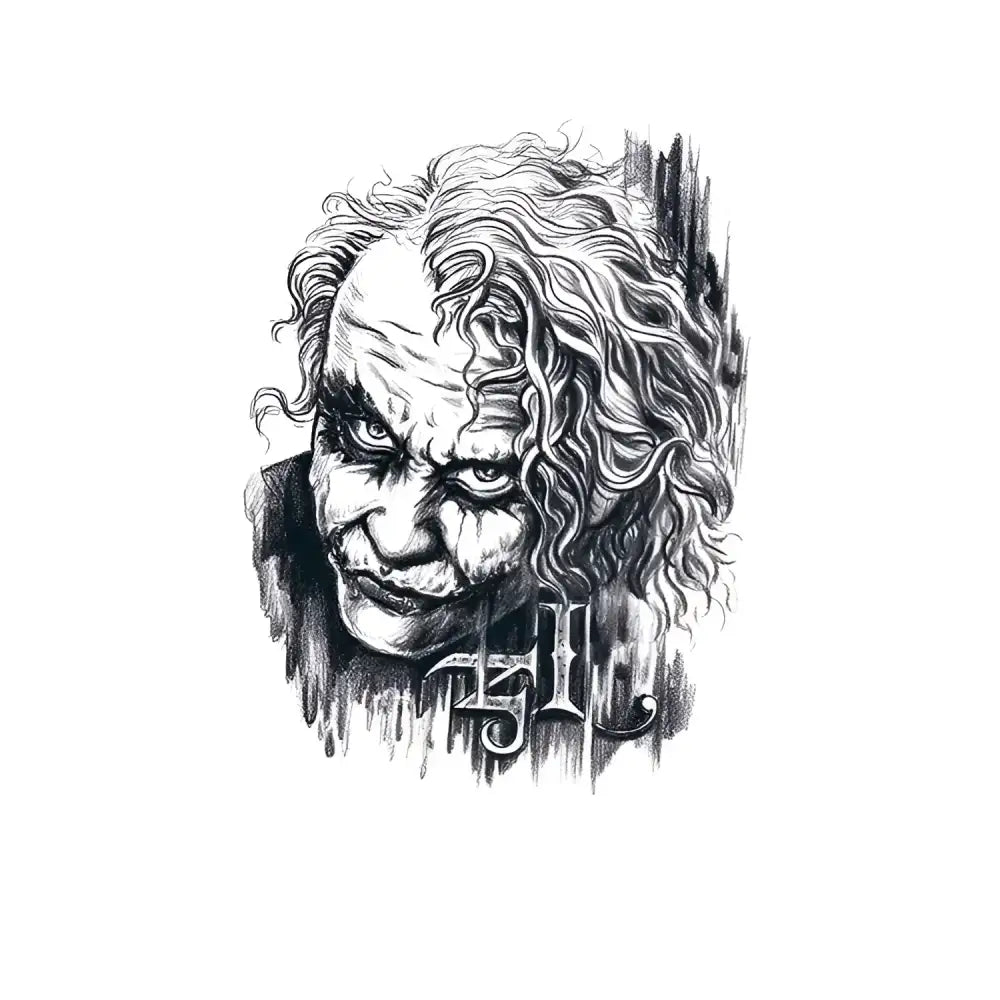 Menacing curly-haired Joker sketch as small tattoo design sticker