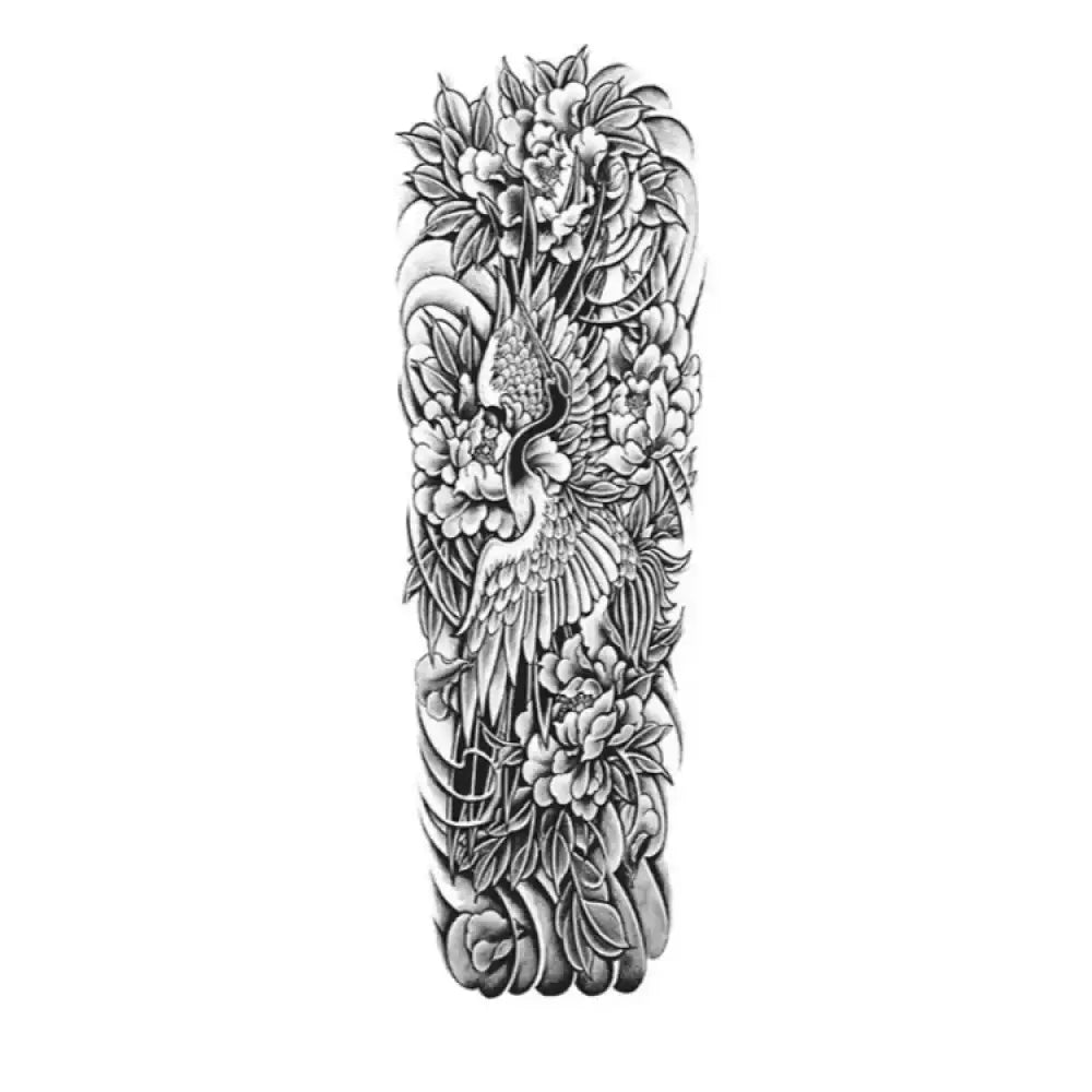 Black and white crane and peonies full sleeve tattoo sticker design