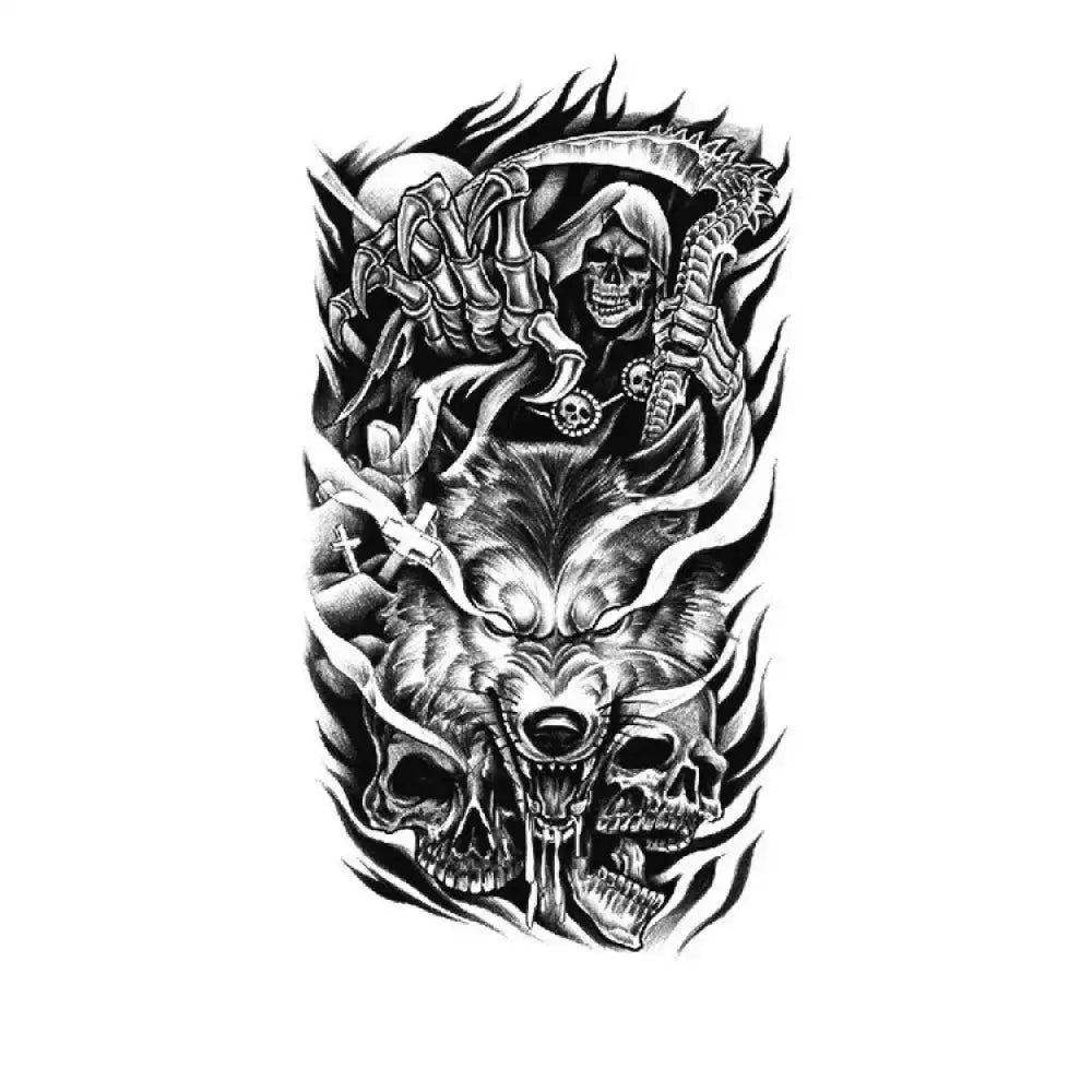 Reaper’s Howl black and white tattoo sticker with grim reaper, wolf head, skulls