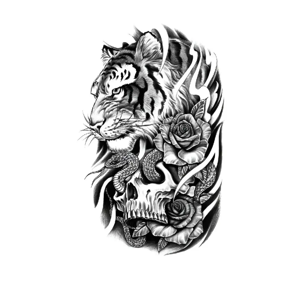 Black and white tiger skull snake roses tattoo design for Realm of Fang and Bloom