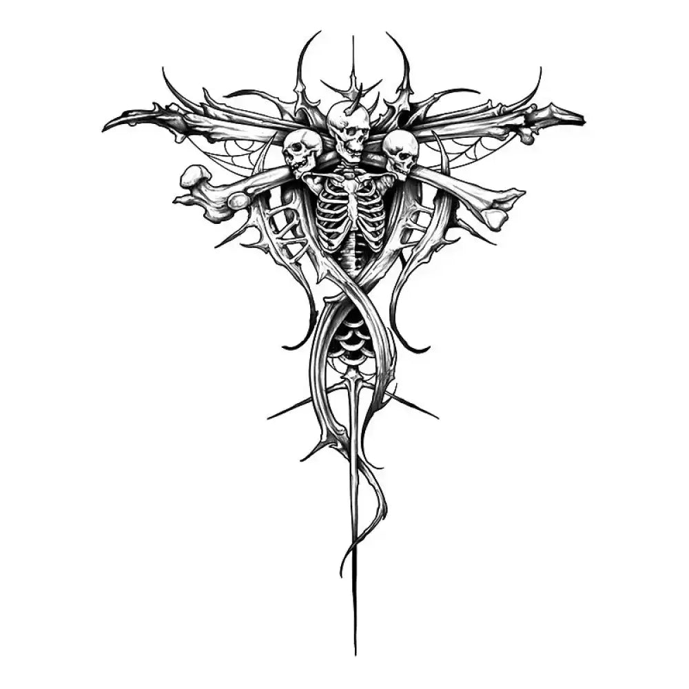 Gothic Tri-Skull Cross tattoo design with skeleton and bones