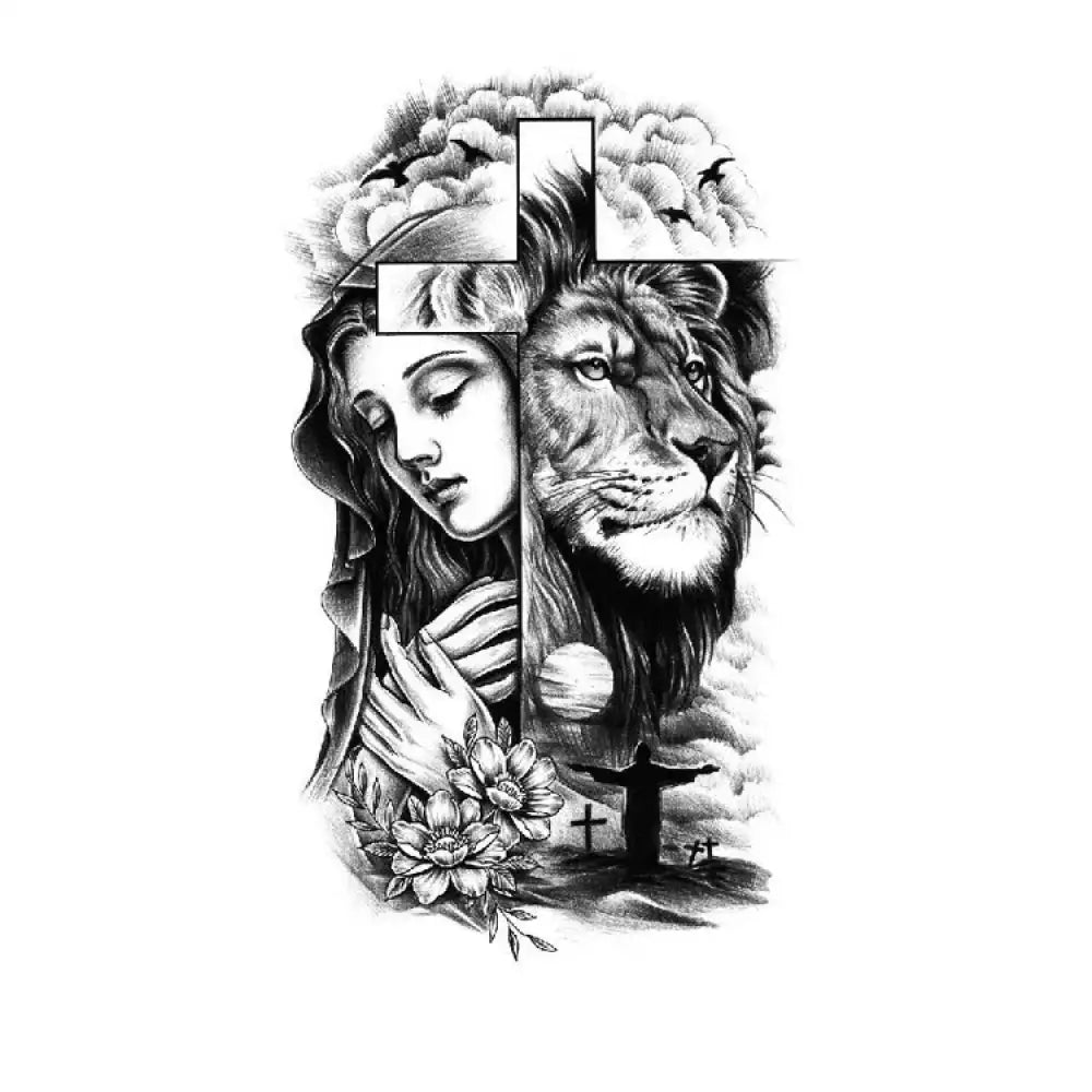 Lion of Grace tattoo design: symbolic black and white lion head with woman face, cross, Christ statue