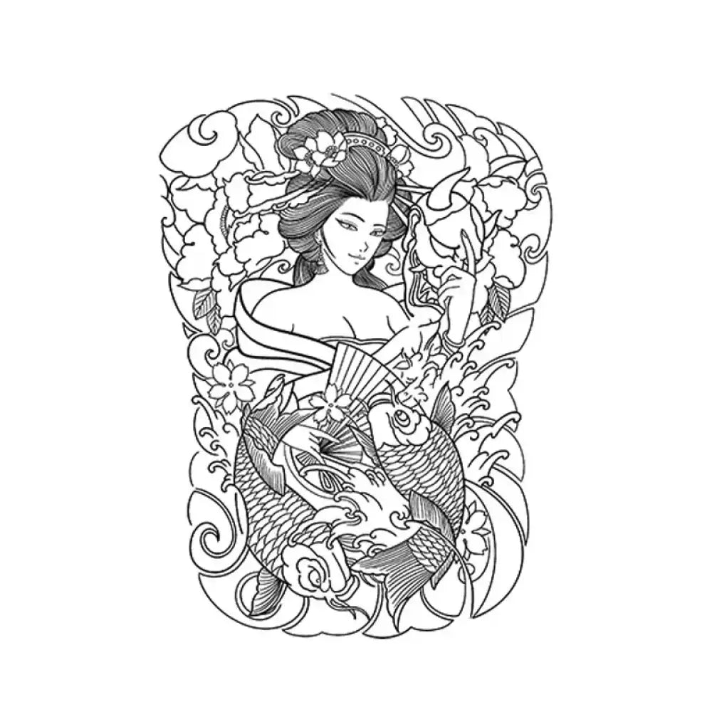 Detailed black and white geisha tattoo design with koi fish motifs