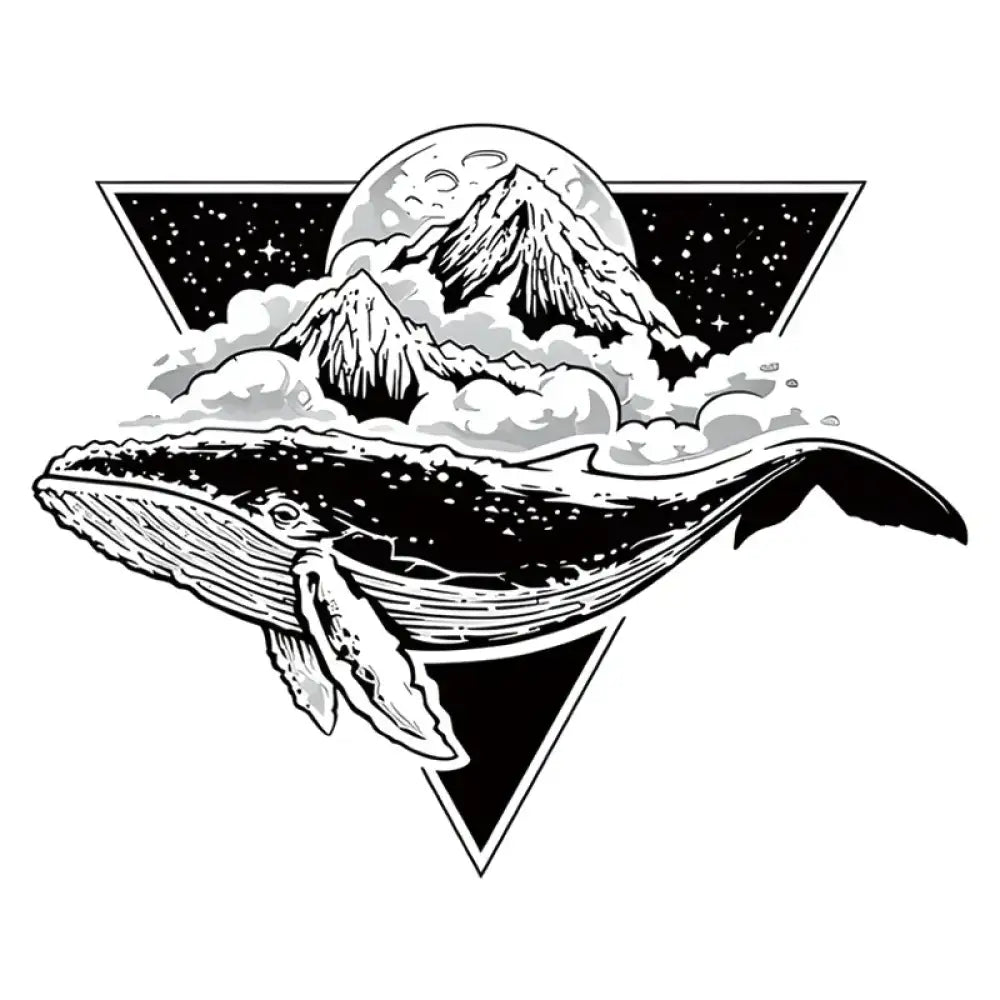 Whale and Mountains small tattoo design with humpback, peaks, moon, stars