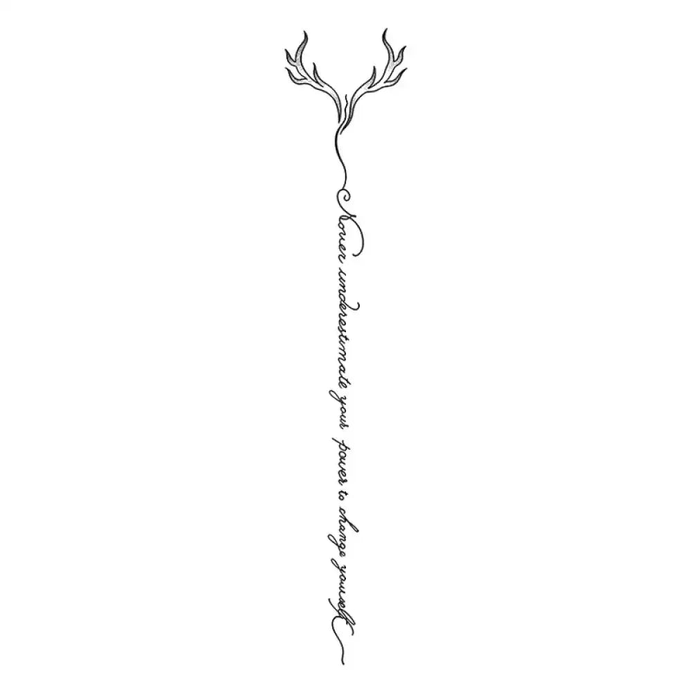 Minimalist line art tattoo design with antlers and vertical script for Power Within