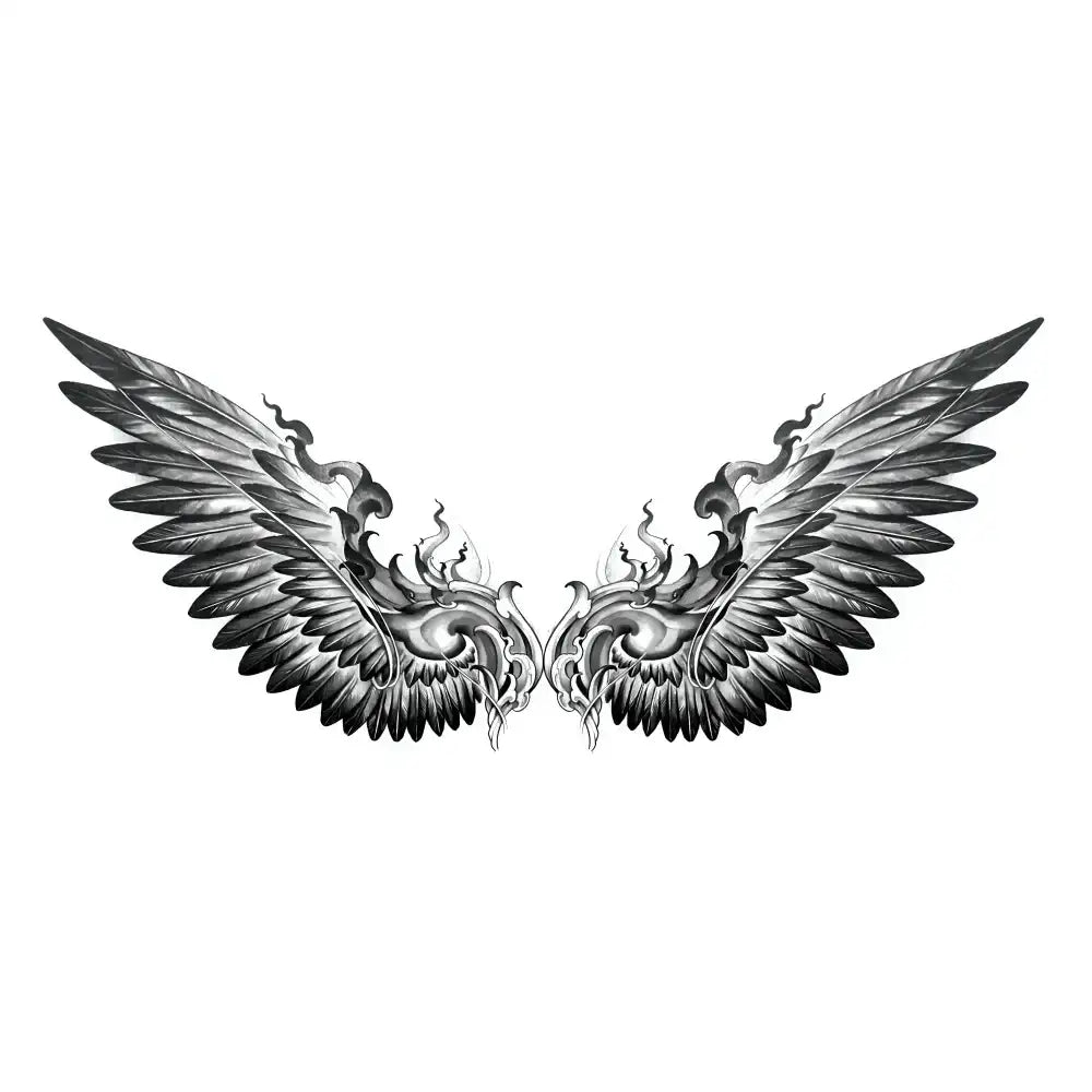 Symmetrical dark gray black Wings tattoo sticker with flame designs