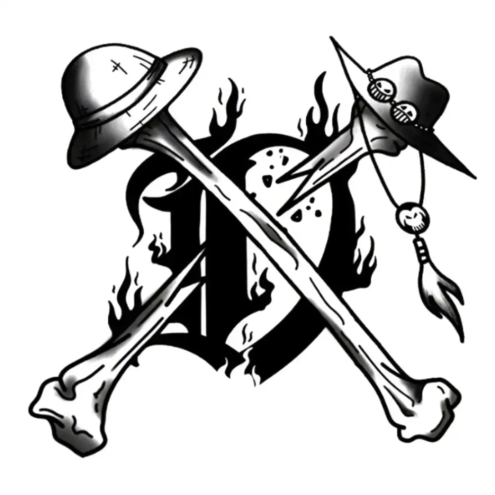 Luffy and Ace One Piece stylized crossbones with hats over burning heart tattoo sticker