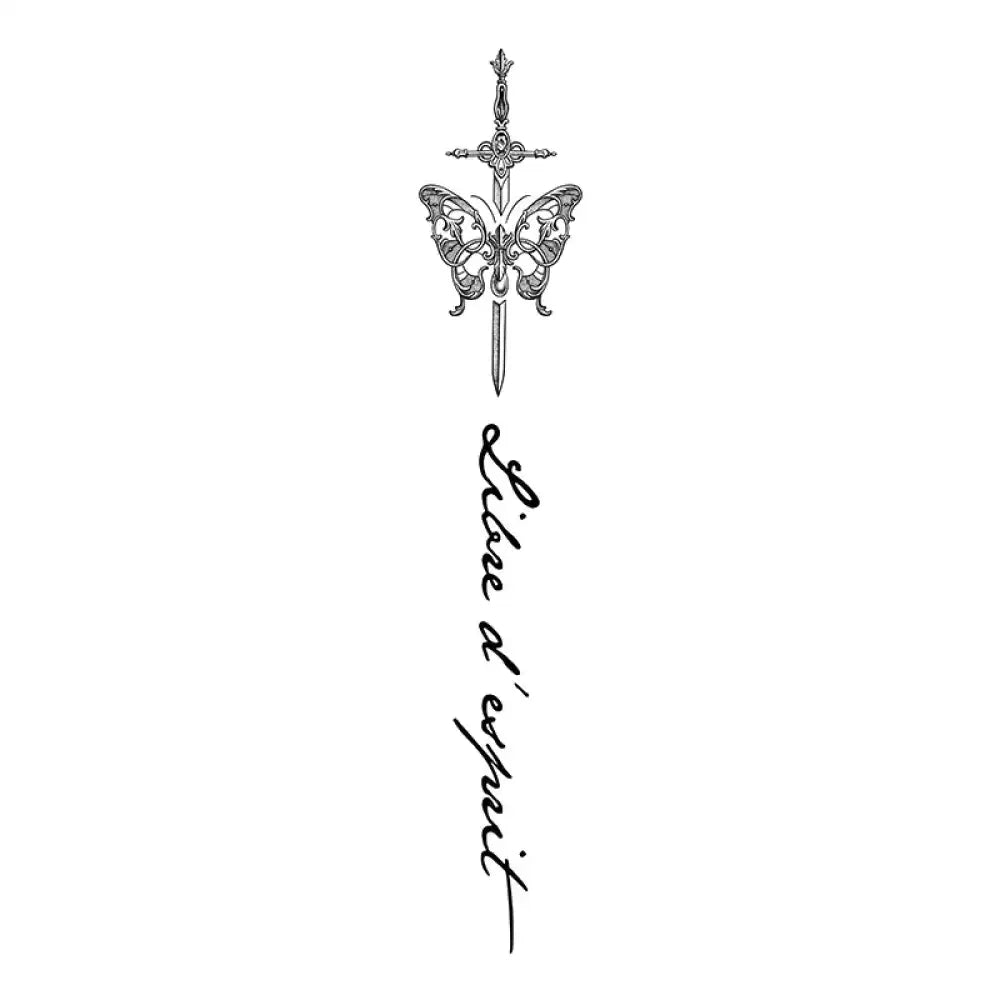 Butterfly’s Blade: stylized sword tattoo sticker with butterfly hilt and Libre d’esprit text