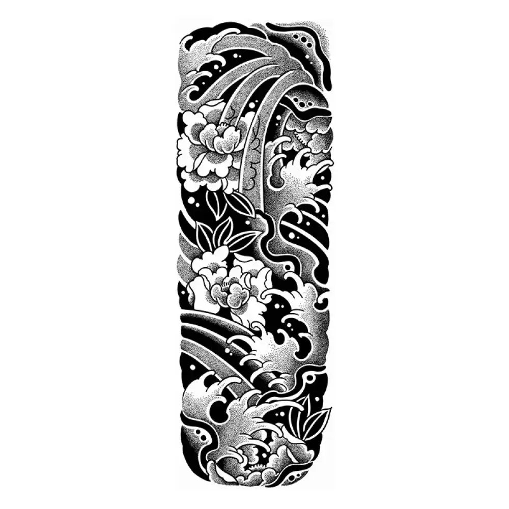 Flower and Wave Ukiyo-e black and white tattoo sticker sleeve with waves and peonies