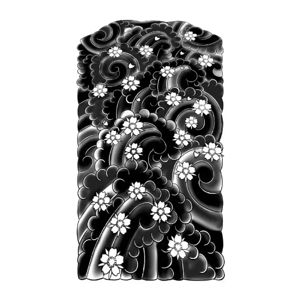 Black and white Sakura in the Wind Ukiyo-e 2 tattoo sticker with waves and blossoms