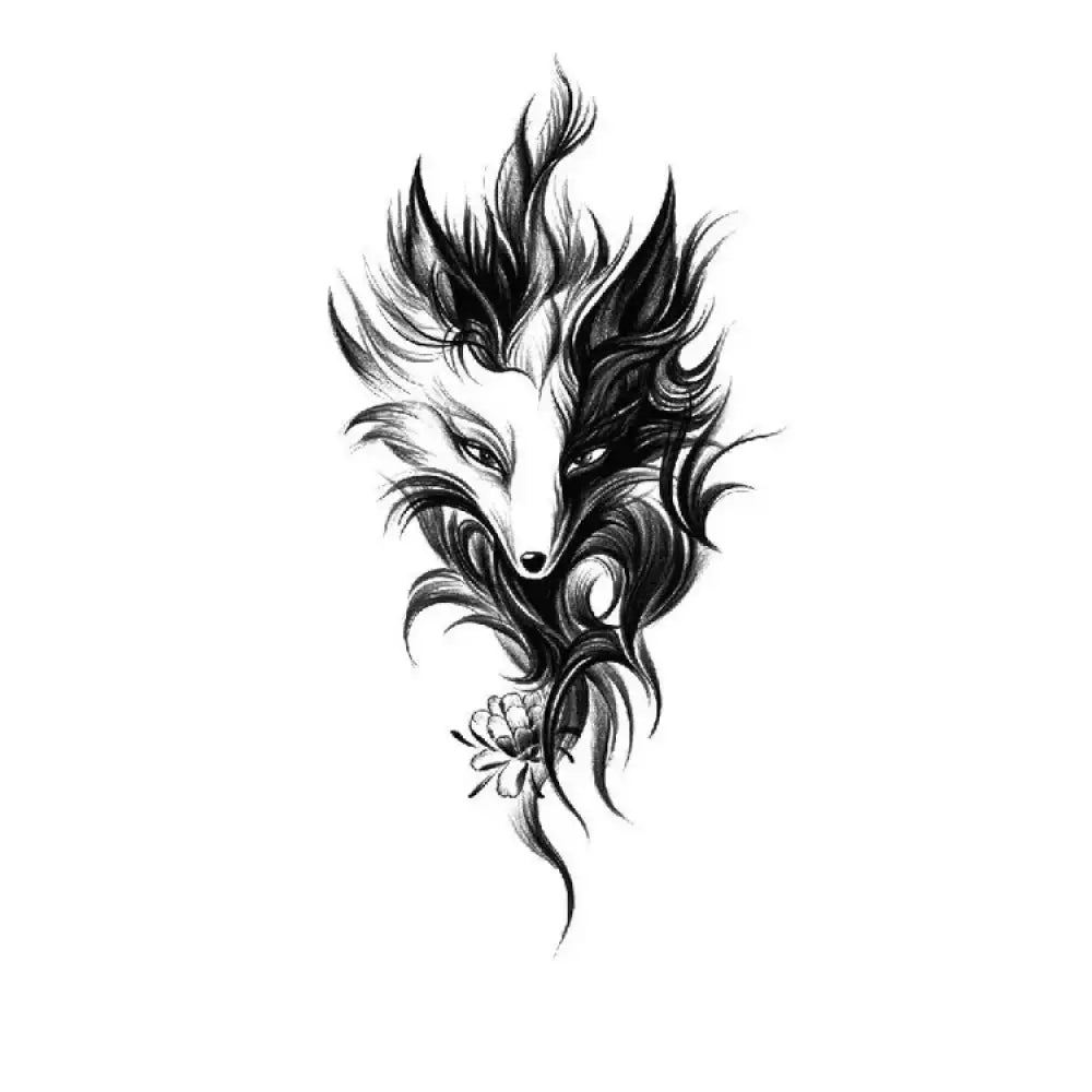 Enchanted Vulpes Soul: Black and white yin-yang fox head tattoo sticker with flowing fur and flower