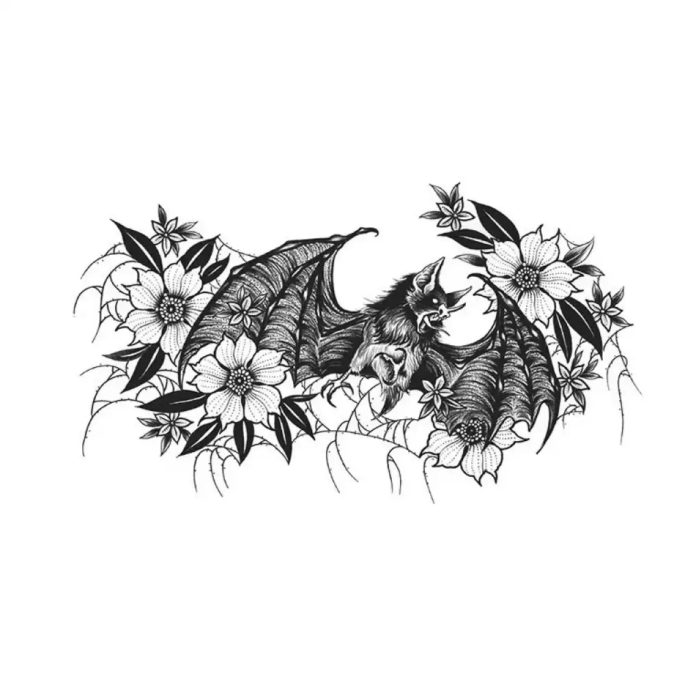 Flying bat sketch with flowers and webs, small tattoo sticker design