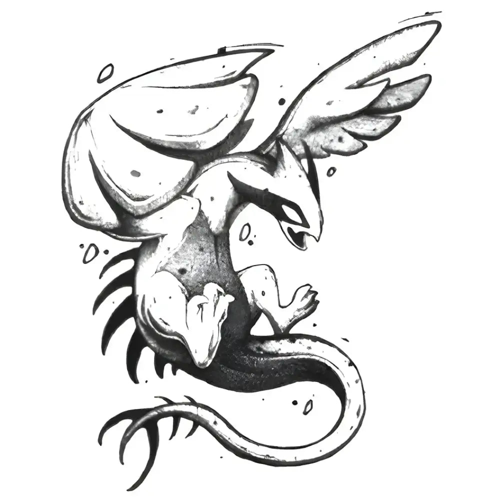 Stylized black and white flying dragon tattoo sticker design