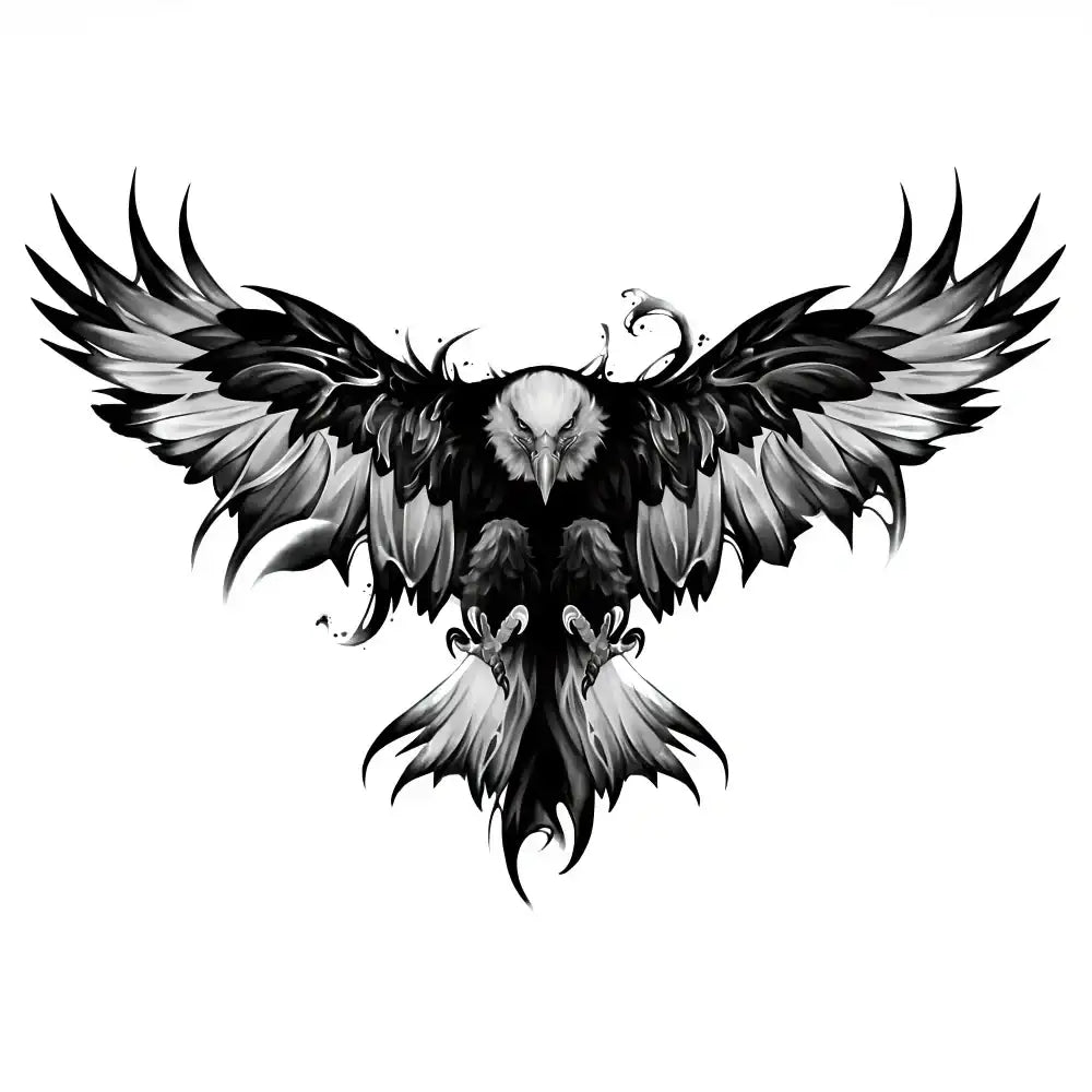 Majestic flying eagle with outstretched wings in black and white tones, small tattoo sticker